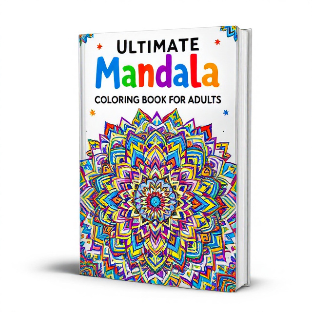 A vibrant and intricate mandala in the center of the cover, surrounded by smaller mandalas in different colors and patterns. The title "Ultimate Mandala Coloring Book for Adults" is placed above the central mandala, with the author's name "Lillian Harville" below it.