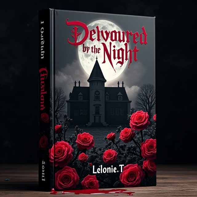 A dark and ominous manor standing against a black night sky. The manor is surrounded by thorny rose bushes, with blood dripping from their sharp thorns. The moon shines brightly, casting eerie shadows on the scene.