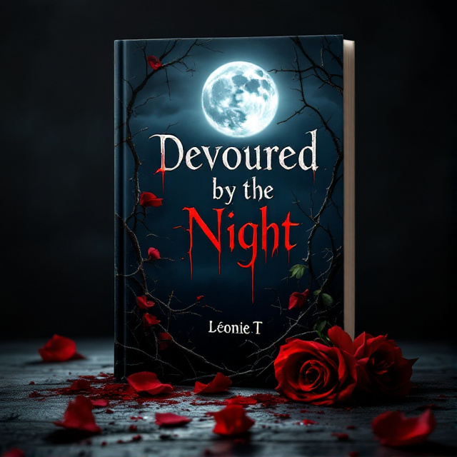 The cover features a dark, ominous night sky with a full moon shining brightly. In the foreground, there are blood red rose thorns intertwined with dripping blood and fallen petals. Shadows cast by the moonlight create a sense of mystery and danger.