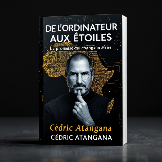 The cover features a striking image of an African continent map with circuit board patterns overlaid on it, symbolizing the connection between technology and Africa. The image of Steve Jobs is placed on top, with a transparent effect to represent his influence on the author. The title is displayed prominently at the top, with the author's name showcased at the bottom of the cover.