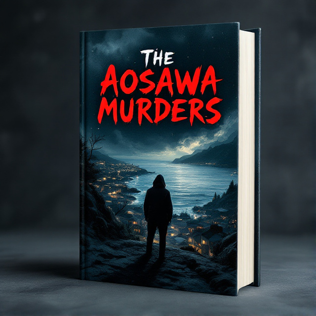 standing book mockup, Its title is "The aosawa murders ".  The cover features a thrilling sketch of a coastal town at night, with a mysterious figure standing in the foreground. The figure is partially obscured, adding to the suspense and intrigue of the story. The sketch is rendered in dark and moody tones, creating a chilling atmosphere. The title "The Aosawa Murders" is presented in bold and impactful typography, with jagged edges to mimic the handwriting of a potential killer. The font is slightly distorted, giving it an eerie and unsettling feel., The sketch is placed at the center of the cover, taking up the majority of the space. The title is positioned above the sketch, stretching horizontally and following the contours of the foreground figure. The author's name is omitted from the design to emphasize the focus on the book's title and visual elements. The area where the author's name typically appears should be left completely blank, with no text or placeholder.