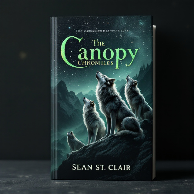 The cover features a dark grey background with a blend of dark green tones. In the foreground, three majestic wolves are positioned on a mountain ledge, looking up at the night sky. The sky is adorned with a multitude of stars, representing the vastness and mystery of the fantasy world. Behind the main wolves, there is a pack of other wolves, creating a sense of anticipation and suspense.