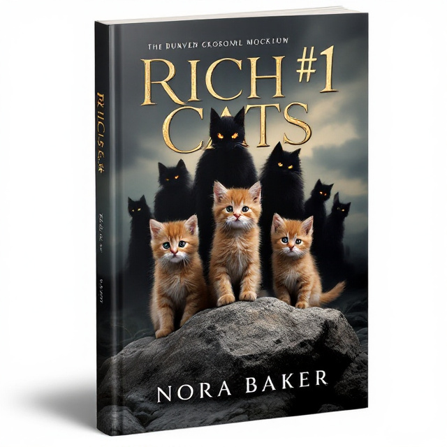 The cover features three young brown Maine Coon kittens standing on a large rock, with one of them in front of the others. Behind them, a group of shadowy forms of adult cats stand, with one cat standing in front of that group, giving an evil look. The background showcases a dark gray sky with hints of green and brown.
