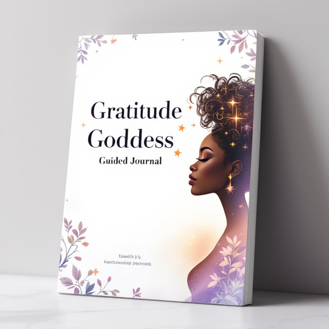 A digital illustration of a side-profile silhouette of an African goddess with a natural afro hairstyle, styled in an elegant updo. Her pose is graceful and serene, embodying gratitude. The silhouette has curly shapes to show the natural texture of the hair. Stars are placed close to her head, as if they're part of her aura. There is a soft halo around the figure and a subtle gradient background fading from white to a soft lavender or deep blue. Delicate floral vines are placed around the border of the poster.
