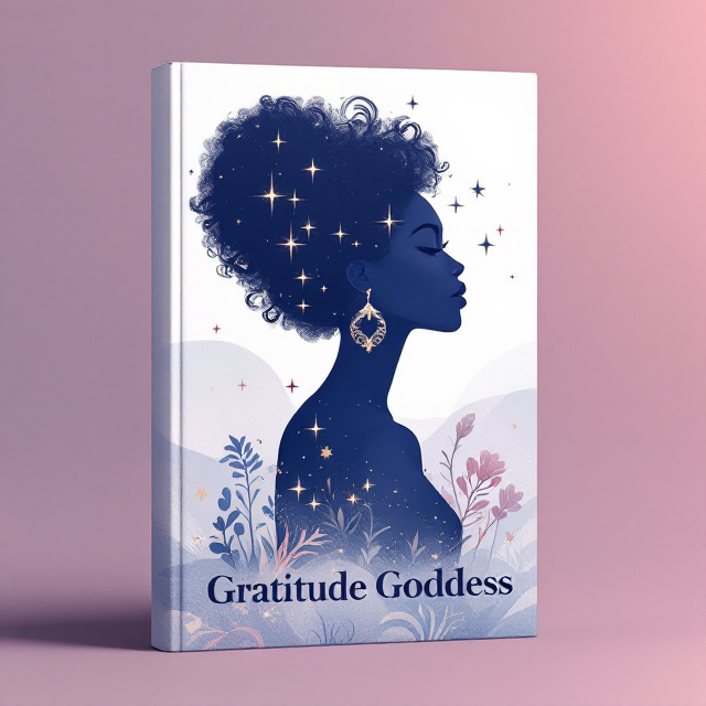 A digital illustration of a side-profile silhouette of an African goddess with a natural afro hairstyle, styled in an elegant updo. The silhouette is filled with curly shapes to show the natural texture of the hair. Stars are placed close to her head, as if they are part of her aura. A soft halo surrounds the figure, giving her a divine, otherworldly appearance. A subtle gradient background fades from white to a soft lavender or deep blue.