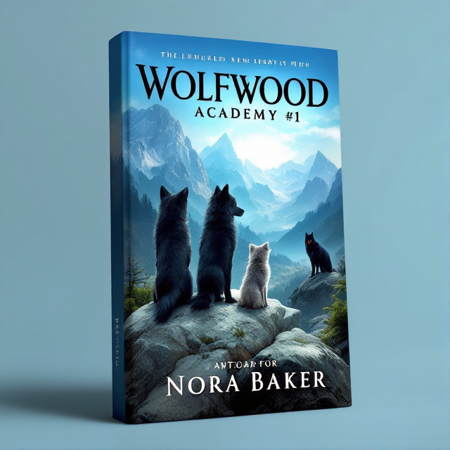 The cover features a stunning mountain landscape under a vibrant blue sky. Two black wolf pups and a grey wolf pup are standing on a large rock, gazing out into the distance. Behind them, a sinister black wolf lurks in the shadows, with a menacing look in its eyes.