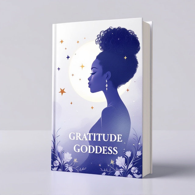 The cover features a digital illustration of an African goddess in a side-profile silhouette with a natural afro hairstyle styled in an elegant updo. The goddess is posed gracefully in a serene position to embody gratitude. The silhouette of the hair is created using curly shapes to showcase the natural texture. Stars are placed close to her head, creating the illusion of them being part of her aura. A soft halo surrounds the figure, giving a divine and otherworldly appearance. The background is a subtle gradient that fades from white to a soft lavender or deep blue, evoking the night. Elegant floral vines are added around the border.