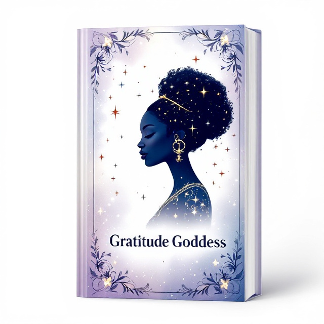 A celestial themed section divider with an African goddess side-profile silhouette, styled in an elegant updo and surrounded by stars. The silhouette has a soft glow and a halo, giving it a divine appearance. The title "Gratitude Goddess" is centered under the silhouette, with elegant floral vines around the border. The background fades from white to a soft lavender or deep blue, creating a serene and otherworldly atmosphere.