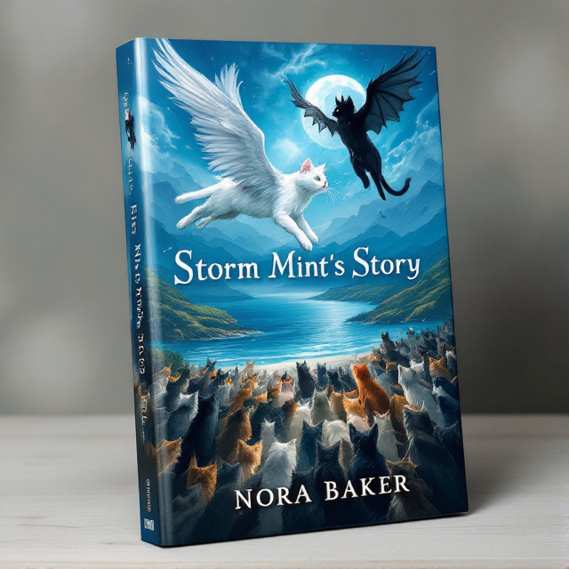 The cover features a stunning illustration of a white cat with elegant raven wings and a black cat with bat wings soaring through the sky. They are being pursued by an evil cat with devil wings. A crowd of cats is gathered on the ground, looking up at them in awe. The background showcases a vast ocean, with a dense forest, majestic mountains, and rolling hills in the distance.