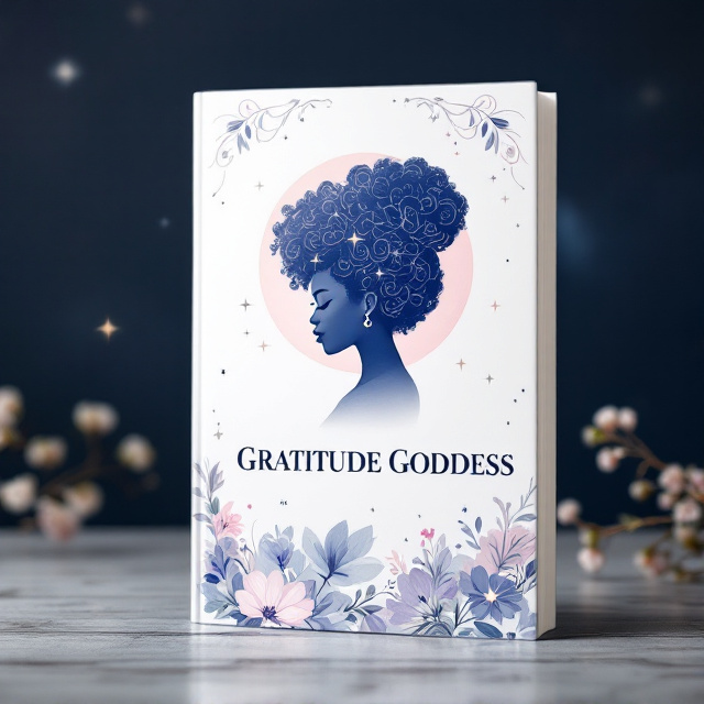 A celestial themed section divided illustration with an African goddess side-profile silhouette with a natural afro hairstyle in an elegant updo. The silhouette showcases curly shapes representing the natural texture of the hair. Stars are placed close to her head, creating an aura effect, and a soft halo surrounds the figure. A subtle gradient in the background fades from white to a soft lavender or deep blue, adding a celestial feel. Elegant floral vines are placed around the border.