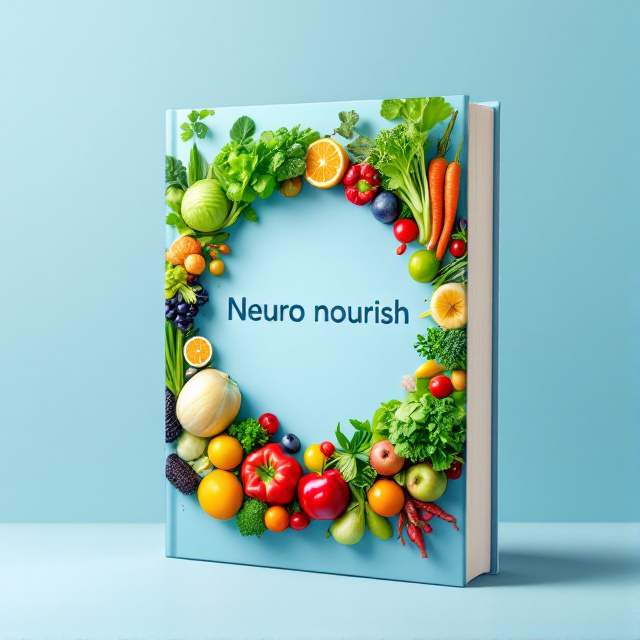The cover features a vibrant and appetizing arrangement of various vegetables and fruits, placed in a circular pattern. The colors are predominantly green and blue, with pops of bright colors from the fruits. The background is a subtle gradient of light blue, giving a calming and fresh feel to the overall design.