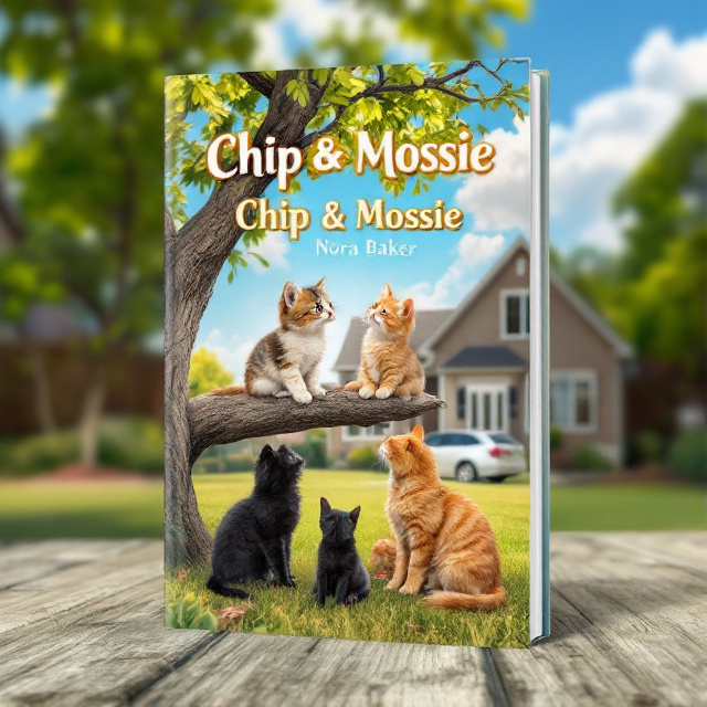 A cream tabby kitten and a brown tabby kitten are sitting in a tree in a backyard, with a black cat, brown Maine Coon cat & fiery orange cat sitting on the grassy ground under the tree, looking up at the kittens. A house is in the background. The sky is blue with fluffy white clouds, and the grass is lush green.