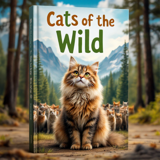 A fluffy brown Maine Coon cat is sitting in the foreground, looking forward with a sense of determination, while a large colony of cats is gathered behind them in a clearing in the middle of a dense forest. The forest is framed by tall trees and majestic mountains, with a bright blue sky overhead.
