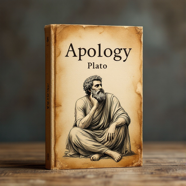 The cover features a vintage parchment background with a faded illustration of an ancient Greek philosopher contemplating. The title "Apology" is prominently displayed in bold, serif font at the top, while at the bottom, the author's name "Plato" is shown in a more elegant script font.
