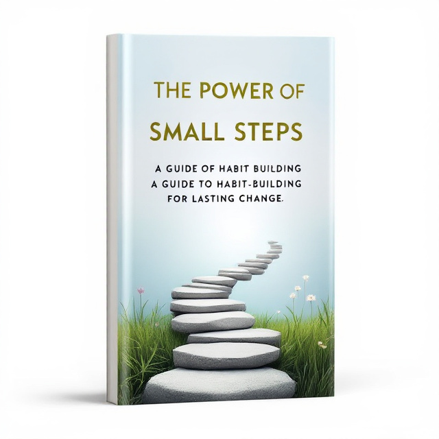 The cover features a serene pathway made of stepping stones that leads upward, symbolizing the journey of self-improvement and growth through small, consistent steps. The stones are placed on a soft gradient background, transitioning from a light sky blue at the top to a gentle grassy green at the bottom. The cover also incorporates nature elements like flowers and leaves to add a sense of tranquility and connection to the natural world.