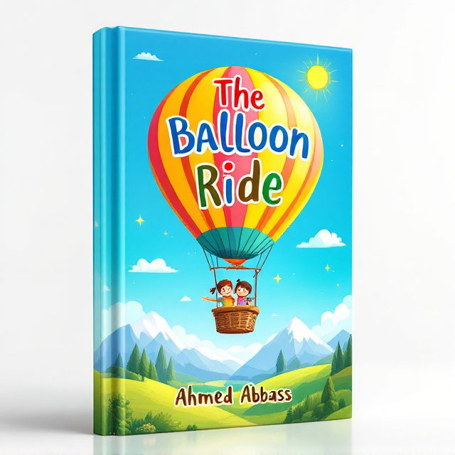 A charming illustration of a brightly colored hot air balloon soaring through a clear blue sky, with two happy children, a boy and a girl, inside the basket. The balloon is passing over a lush green landscape, dotted with rolling hills and snow-capped mountains. The sun is shining brightly, casting a warm and inviting glow on the scene.