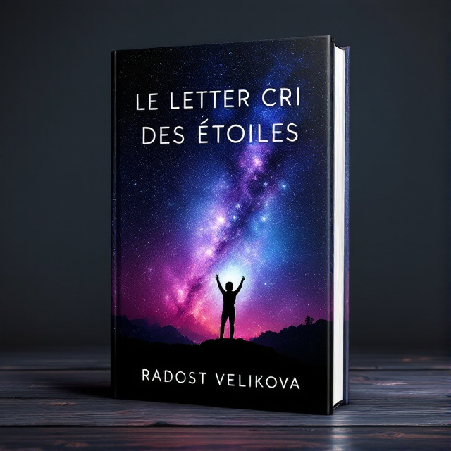 The cover features a stunning image of a deep space nebula in dark shades of purple and blue, with streaks of vibrant colors representing stars and cosmic energy. In the center of the nebula, a silhouette of a figure reaching out towards the stars creates a sense of wonder and existential exploration.