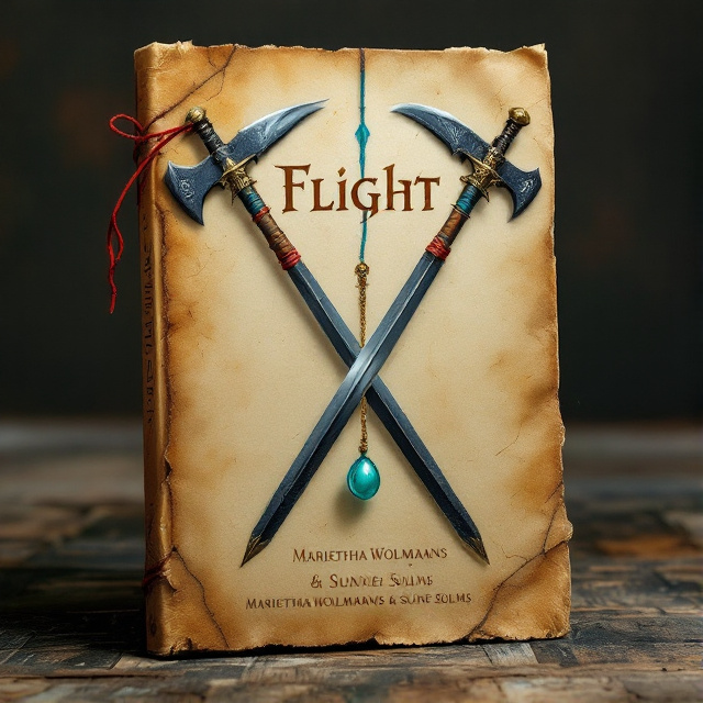 A long handle battle axe with red string crossing a sword with blue string. A turquoise amulet hanging from a golden chain. The weapons are placed diagonally across the cover, with the battle axe on the left and the sword on the right. The amulet hangs in the center, slightly below the weapons.
