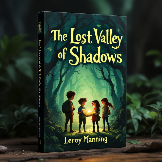 The cover features a lush, mysterious forest scene with trees that seem to shift and change shape. In the center, we see the three main characters, Theo, Ruby, and Rowan, standing together, looking determined and ready for adventure. The map, glowing faintly, is unfolded in Theo's hands, symbolizing the journey they are about to embark on. The overall tone is whimsical and slightly eerie, capturing the imagination of children.