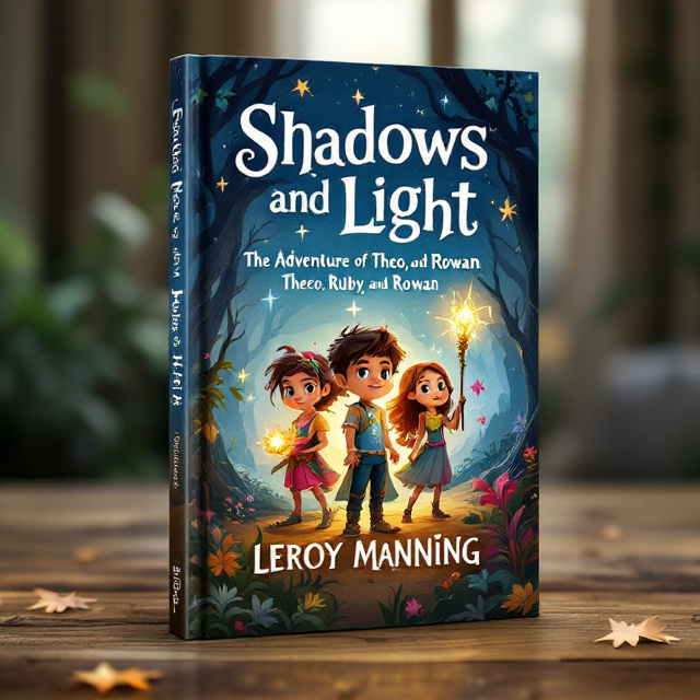 The central illustration features the three main characters Theo, Ruby, and Rowan. Theo is depicted as a brave boy, holding a glowing magical artifact, with a determined expression. Ruby is shown as a spirited girl with flowing hair and a whimsical outfit, wielding a magical staff adorned with flowers and sparkles. Rowan, the thoughtful boy, is surrounded by nature elements like leaves and vines, gazing towards the horizon. In the background, the Shadow Weaver is partially visible, transitioning from darkness into light.