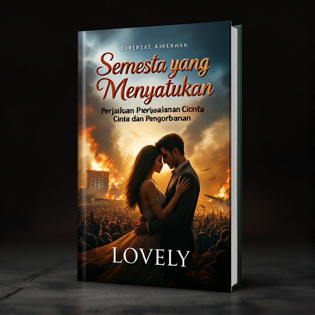 The cover features a couple embracing each other in the foreground, symbolizing love and sacrifice. In the background, there is a chaotic scene of the Surabaya war, with explosions and riots, representing the historical fiction genre.