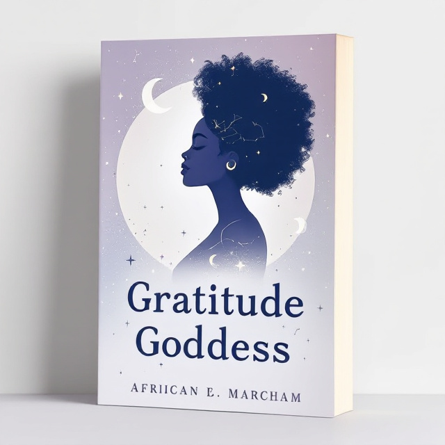 A celestial themed poster featuring an African goddess side-profile silhouette with a natural afro hairstyle, styled in an elegant updo. The goddess has her arms gracefully lifted, and she is surrounded by stars, crescent moons, and faint constellations. The silhouette has a soft glow and is surrounded by a subtle gradient fading from white to a soft lavender or deep blue background.