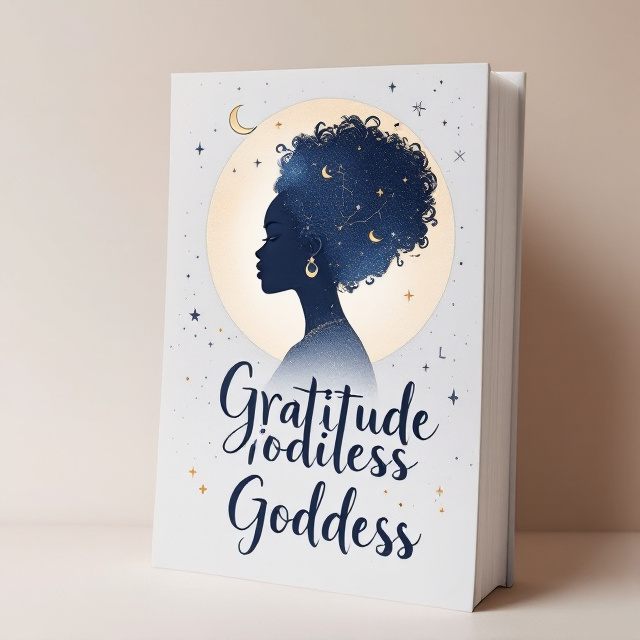 A celestial themed poster of an African goddess side-profile silhouette with a natural afro hairstyle, styled in an elegant updo. The goddess is in a serene pose with her arms lifted. The silhouette showcases the natural texture of the hair with curly shapes. Stars, crescent moons, and faint constellations surround the silhouette, with some stars close to her head. A soft halo surrounds the figure. A subtle gradient behind the goddess fades from white to a soft lavender or deep blue.
