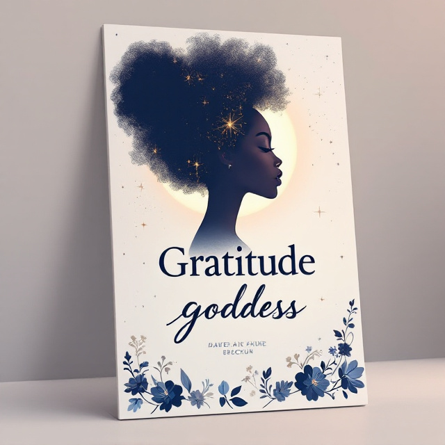 A digital illustration of a celestial themed poster featuring an African goddess side-profile silhouette with a natural afro hairstyle. The goddess is styled in an elegant updo and posed gracefully in a serene position. The silhouette of the hair incorporates curly shapes to showcase the natural texture. There is a soft glow or gradient applied to the hair to enhance the celestial feel. A soft halo surrounds the goddess for a divine, otherworldly appearance. The title "Gratitude Goddess" is centered under the silhouette in a large size with Playfair Display font. A delicate floral vine border completes the composition.