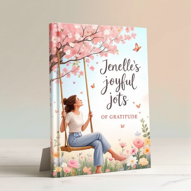 The cover features a soft pastel-colored background with a detailed illustration of a woman sitting on a swing under a blooming tree in a floral garden. The woman is looking up at the sky with a sense of gratitude. Butterflies are also flying around the scene, adding a touch of whimsy and serenity.