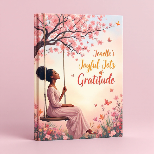standing book mockup, Its title is "Jenelle's Joyful Jots of Gratitude".  The cover features a soft pastel-colored background with a detailed illustration of an African descent woman sitting on a swing under a blooming tree in a floral garden with butterflies. The woman is looking up at the sky with a sense of gratitude. The title "Jenelle's Joyful Jots of Gratitude" is written in a handwritten-style font, evoking the warmth and strength of being grateful., The title is placed at the right center of the cover, slightly curved along the shape of the swing. The illustration of the woman on the swing is placed on the left side of the cover. The area where the author's name typically appears should be left completely blank, with no text or placeholder.