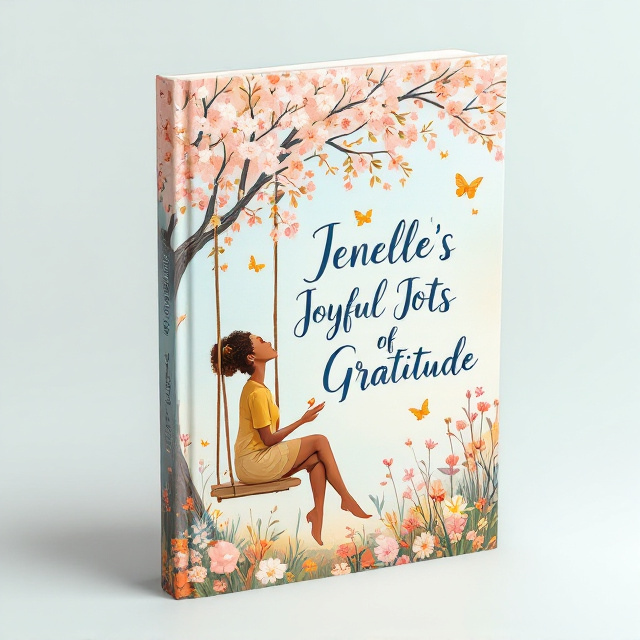 The cover features a soft pastel-colored background with a detailed illustration of a brown-skinned woman sitting on a swing under a blooming tree in a floral garden with butterflies. The woman is looking up at the sky with a sense of gratitude.