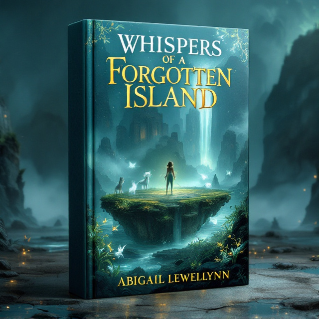 The cover features a mysterious island sitting amidst a sea of mist, surrounded by towering ancient ruins. Bioluminescent plants add a touch of magic, illuminating the scene with their soft glow. Whimsical creatures like fairies and unicorns are seen frolicking in the background, adding an element of enchantment. The overall style is fantastical and dreamlike, capturing the sense of wonder and adventure.