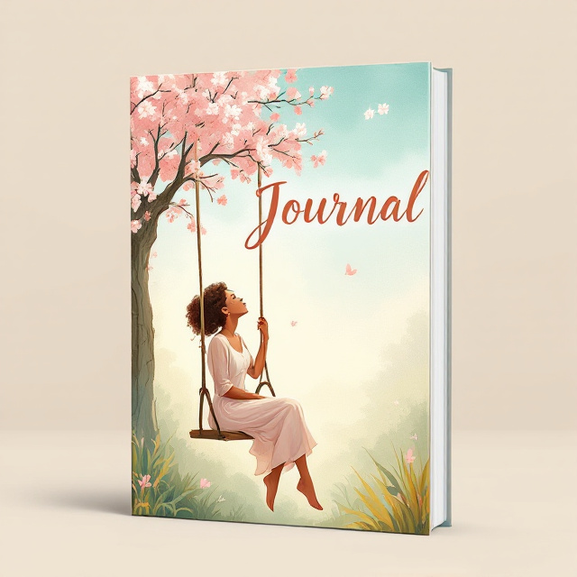 The cover features an illustration of a brown-skinned woman sitting on a swing, hanging from a blossoming tree. The woman is looking upwards towards the sky, with a serene and peaceful expression on her face. The colors used are soft and warm, with shades of green for the tree and pink for the blossoms, creating a calming and soothing atmosphere.