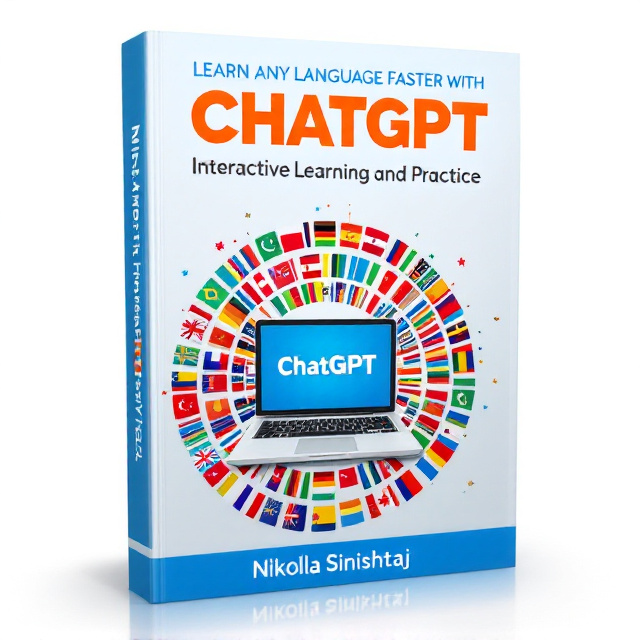 The cover features a vibrant and colorful illustration of various language flags arranged in a circular pattern, creating a sense of unity and diversity. In the center of the circle, there is a laptop screen displaying the ChatGPT logo, symbolizing the interactive learning experience. The background is a gradient of light blue and white, representing the digital aspect of language learning.