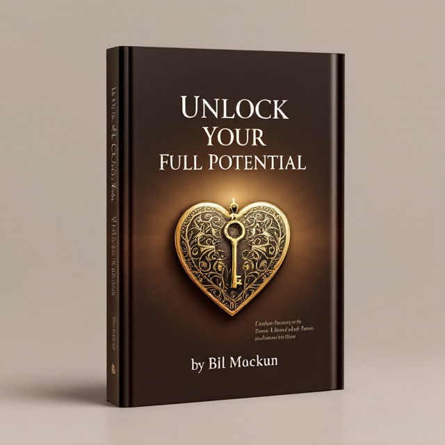 A golden heart-shaped locket with an intricate design is placed at the center of the cover. A key is delicately resting on top of the locket, symbolizing unlocking one's full potential. The background features a coffee-colored gradient, fading from a dark coffee shade at the top to a lighter shade at the bottom, creating a sense of mystery and depth.