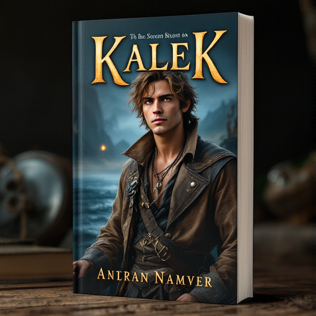 The cover features a young man with light brown hair and brown eyes, dressed in pirate clothes, standing on a boat. He has a witty and sarcastic yet reflective expression on his face. The background showcases the world of the story, with a sea and a small light shining in the water, representing the element of magic.