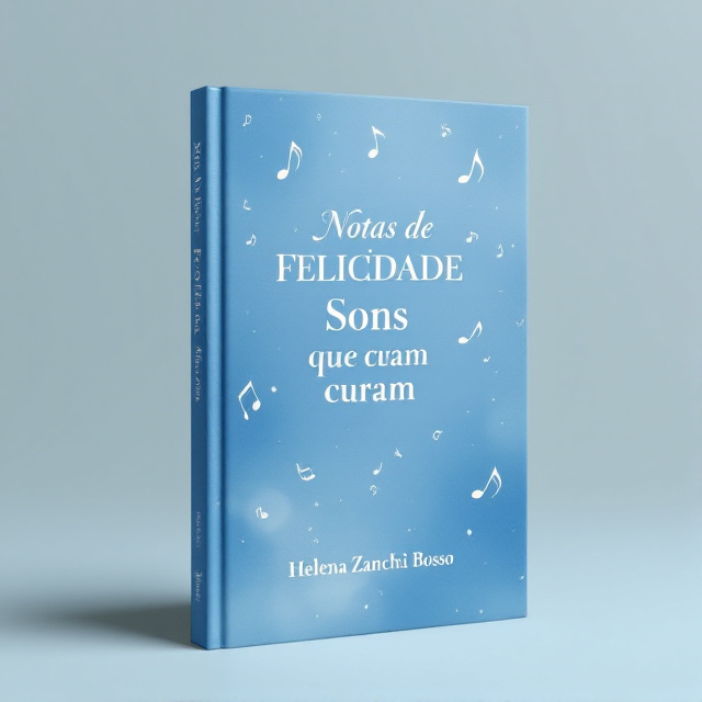 The cover features a serene blue background with musical notes floating gently across the page. The title, "Notas de Felicidade Sons que curam," is showcased in elegant white typography, positioned in the center of the cover. The author's name, Helena Zanchi Bosso, is displayed below the title in a smaller, yet still prominent, font.
