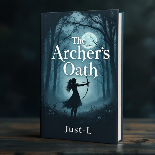 The cover features a dark and mysterious forest as the background, with fog swirling through the trees. In the center, a female archer is shown in silhouette, poised with her bow, ready to release an arrow. The moon is partially visible, casting an eerie glow on the scene.