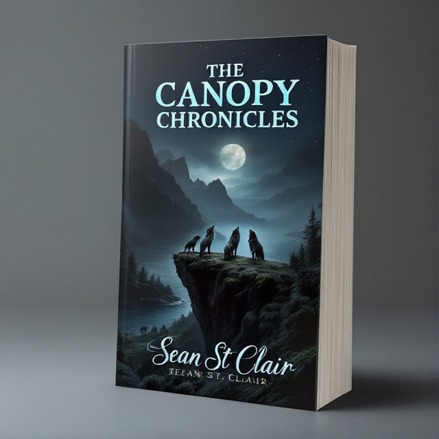 The cover features a dark grey background with a gradient effect, transitioning to dark green at the bottom. In the center, there is a mountain cliff overlooking the sea, with a dense forest surrounding it. Three dominant wolves are standing on the cliff, looking up at the night sky, while a large pack of menacing wolves lurks in the background.