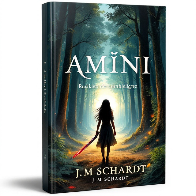 The cover depicts a mystical forest setting with tall trees and lush greenery. In the center, a girl with long black hair and simple clothing is shown from the back, facing an opening in the forest. She holds a bloody sword in her hand, representing her strength and determination. The opening in the forest reveals a horizon with a new kingdom or biotope, symbolizing the adventure that awaits. Water, fire, and sand elements are incorporated around the girl, representing her ability for shape-shifting and connection to the elements.