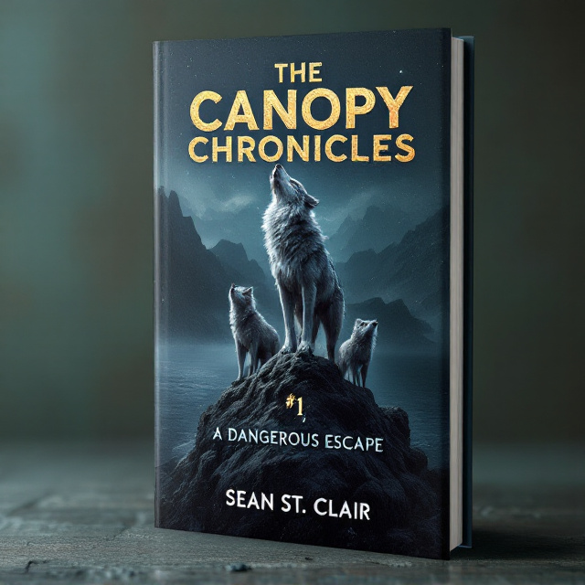 The cover features a dark grey background with a gradient effect, transitioning to a dark green at the bottom. In the center of the cover, there is a large image of a powerful, grey wolf standing on a mountain cliff, looking up at the night sky. Flanking the wolf on both sides are two wolf pups, symbolizing the younger generation. Behind the main image, there is a pack of menacing wolves, their eyes glowing in the darkness. Beyond the mountain, a vast ocean stretches out, adding to the sense of adventure.