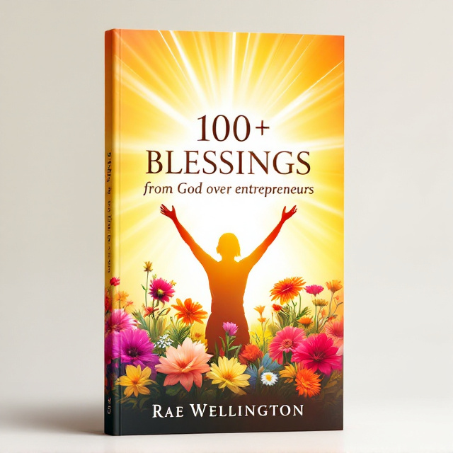 The cover features a radiant sunburst in warm tones, symbolizing divine guidance and empowerment. It is surrounded by a collection of colorful, vibrant flowers, representing the blessings that God bestows upon entrepreneurs. A silhouette of a person with arms raised in triumph is placed in the center, conveying resilience and strength. The overall design exudes warmth, clarity, and joy.
