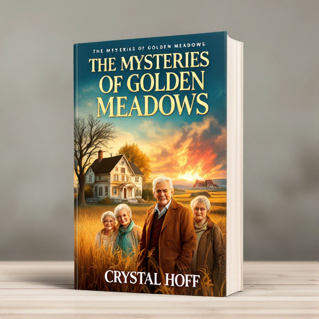 The cover features an illustration of an old, charming nursing home set against a backdrop of golden meadows. In the foreground, three elderly friends from the nursing home are shown, with a touch of mystery in their expressions. The Sweet Peach Acres farm is depicted in the distance, engulfed in flames, representing the central mystery of the story.