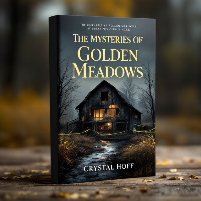 The cover features a half-burned barn with a river flowing nearby, and police tape at Sweet Peach Acres. The scene is depicted in black and gold, with a mysterious and captivating ambiance.