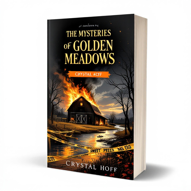 The cover features an illustration of a barn on fire at Sweet Peach Acres, situated near a river. In the foreground, there is police tape, hinting at the mysteries to be solved. The color palette is predominantly black and gold, creating a sense of intrigue and elegance.