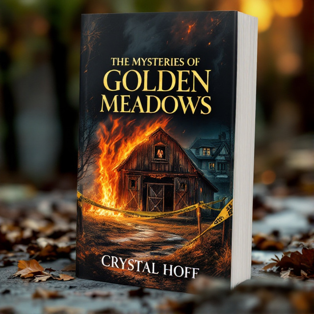 The cover features an illustration of a burning barn in the foreground, with a river flowing nearby. Behind the barn, there is a nursing home with elderly individuals looking out of the windows. Police tape is wrapped around the barn, adding to the sense of mystery and intrigue.