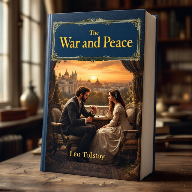 The cover features a warm indoor scene with antique furniture and books in the background. The main characters (Pierre, Andrei, and Natasha) are gathered together, engaged in a discussion or reminiscing about war and peace. The scene is set against a backdrop of classical Russian scenery, with a sunset casting warm golden hues over the entire composition.