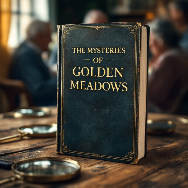 The cover features an old worn out bible placed on a wooden table in a nursing home. Surrounding the bible are magnifying glasses, symbolizing the mysteries waiting to be solved. In the background, we see a group of elderly friends engaging in a conversation, representing friendship and camaraderie.