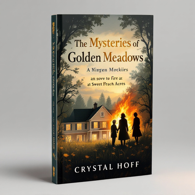 The cover features an illustration of a nursing home surrounded by golden meadows, with a sense of mystery and intrigue. The elderly characters are depicted in silhouette, showcasing their friendship and the bond they form as they solve the mysteries of their pasts. A fire at Sweet Peach Acres is illustrated in the background, adding drama and suspense to the scene.