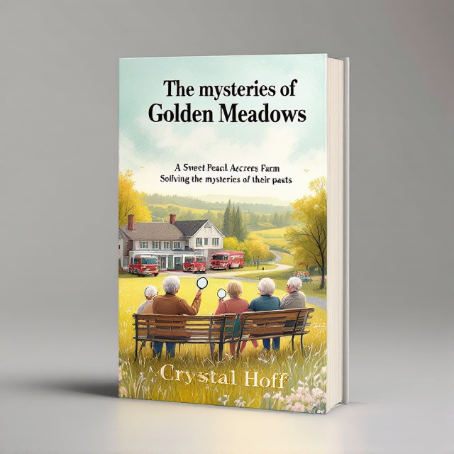 An illustration of a nursing home with a golden meadow in the background. A group of elderly people sitting on a bench, engaged in conversation and holding magnifying glasses, symbolizing their search for mysteries. Fire trucks parked nearby at the Sweet Peach Acres Farm, representing the mysteries they uncover.